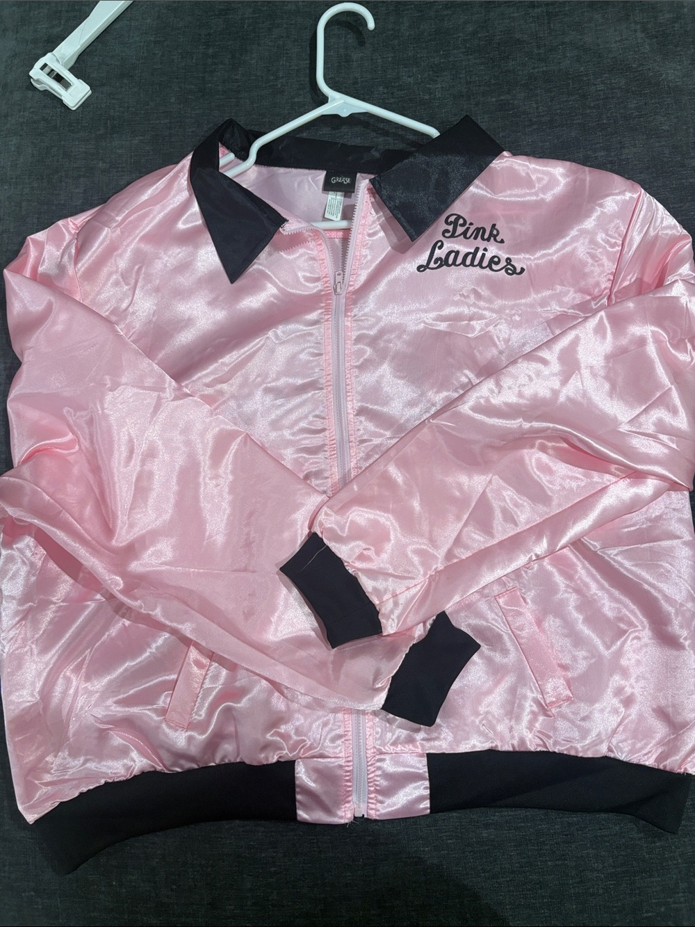 Pink Ladies Satin Bomber Jacket - Pink with Black Trim